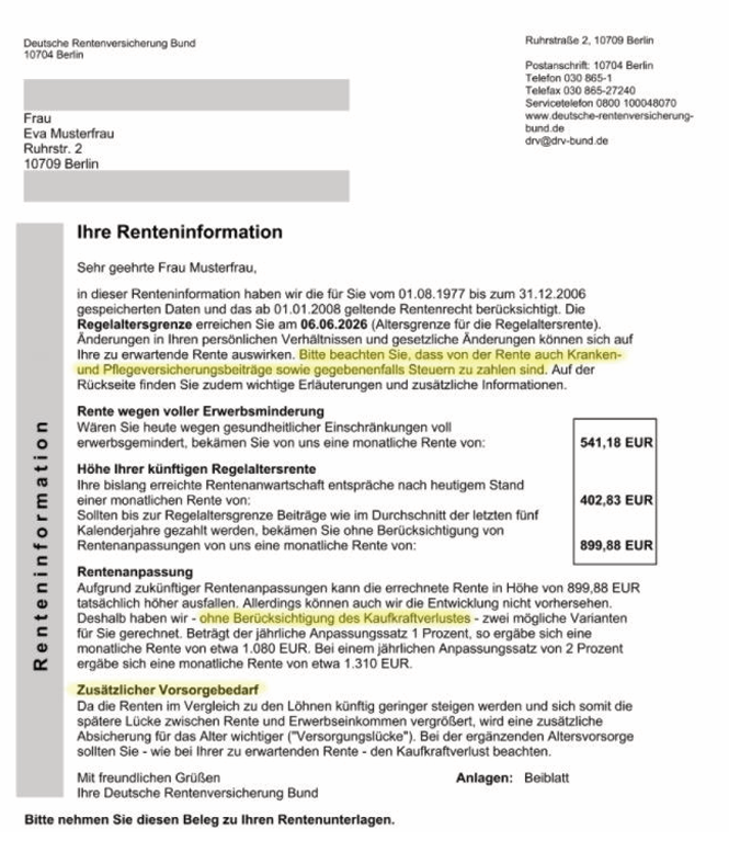 Muster einer Renteninformation der Deutschen Rentenversicherung Bund
