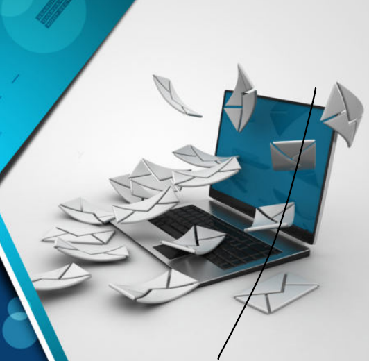 Illustration einer Mailbombe mit E-Mails aus einem Laptop